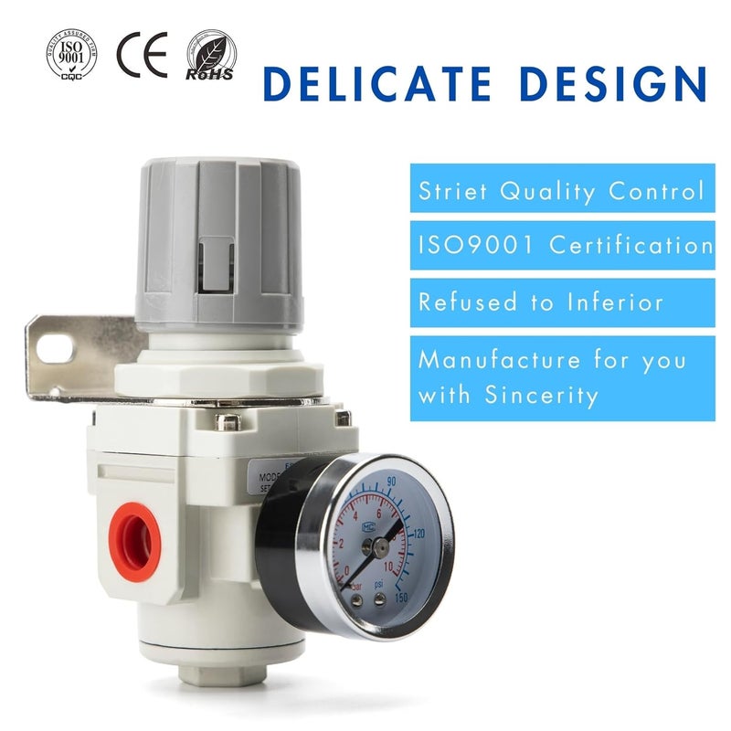 EBEIZZI 3/8" NPT Air Pressure Regulator | Air Regulator for Compressor|Air Compressor Regulator |Air Drying System |150 psi Steel-Protected Gauge - Image 5